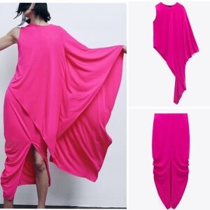 New Zara 2 Piece Fuchsia Pink Asymmetric Top and Draped Midi Skirt Small